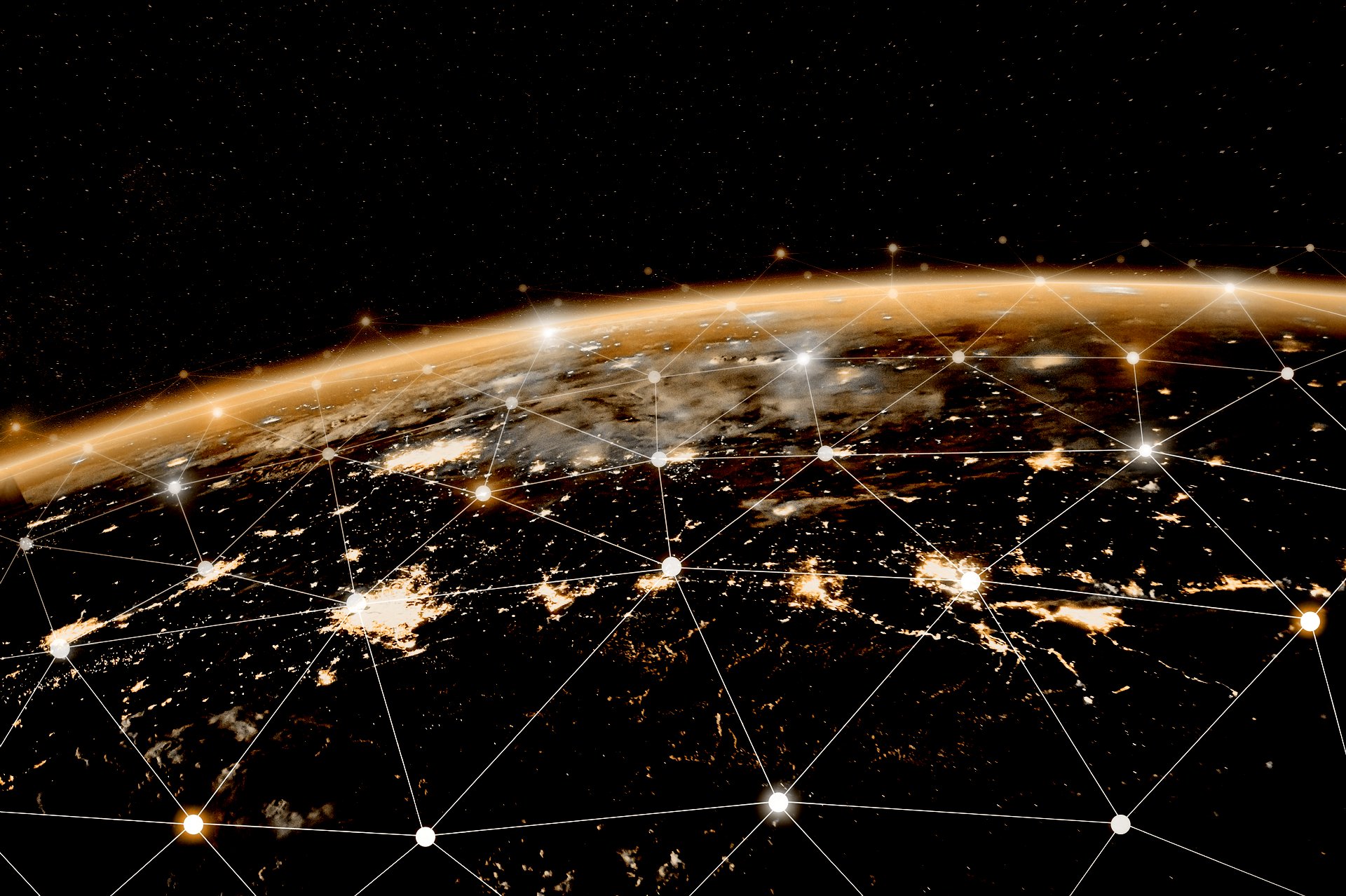 如同互联网和全球通讯技术一样的节点式全球通讯网络。图片源于美国国家航空宇航局(NASA)。