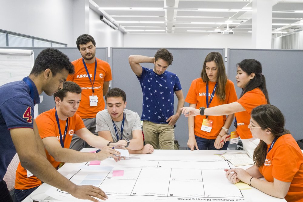 Team 3 working on a business model exercise, set by Dr Denyse Julien, at the Airbus Airnovation Summer Camp, Cranfield University, United Kingdom.