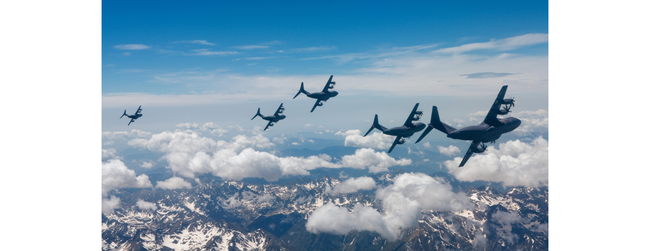 A formation flight involving five Airbus-produced A400M military airlifters