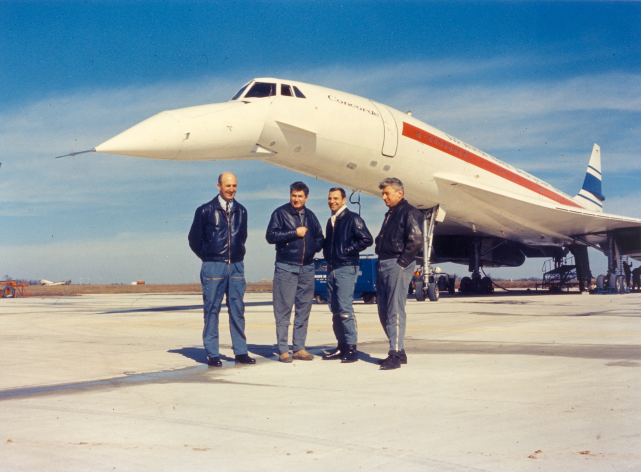 The flight crew for the Concorde’s supersonic airliner’s maiden flight mark the occasion with a group photo.  