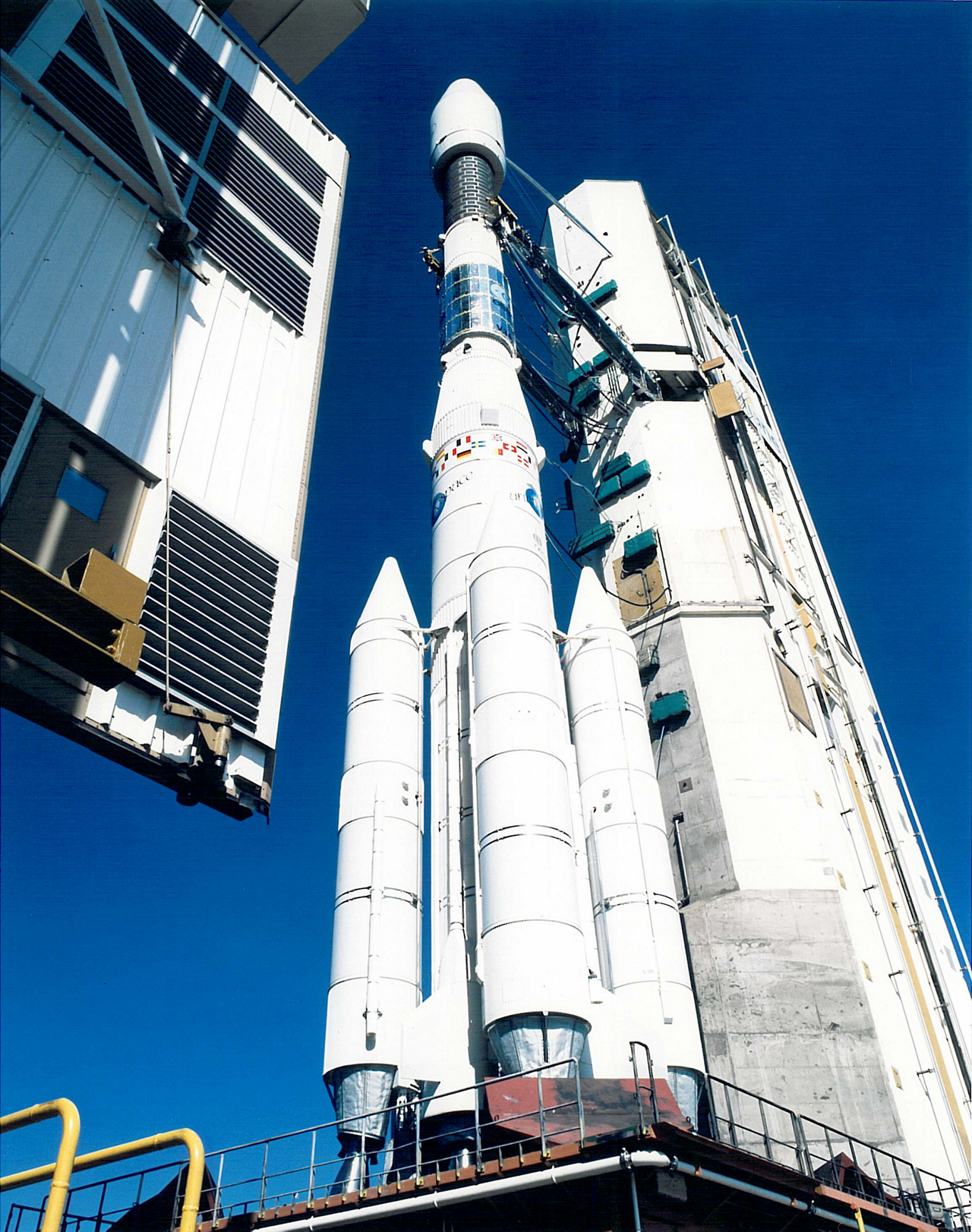 Ariane 4 is poised for its first launch, performed from the Guiana Space Centre in 1988.