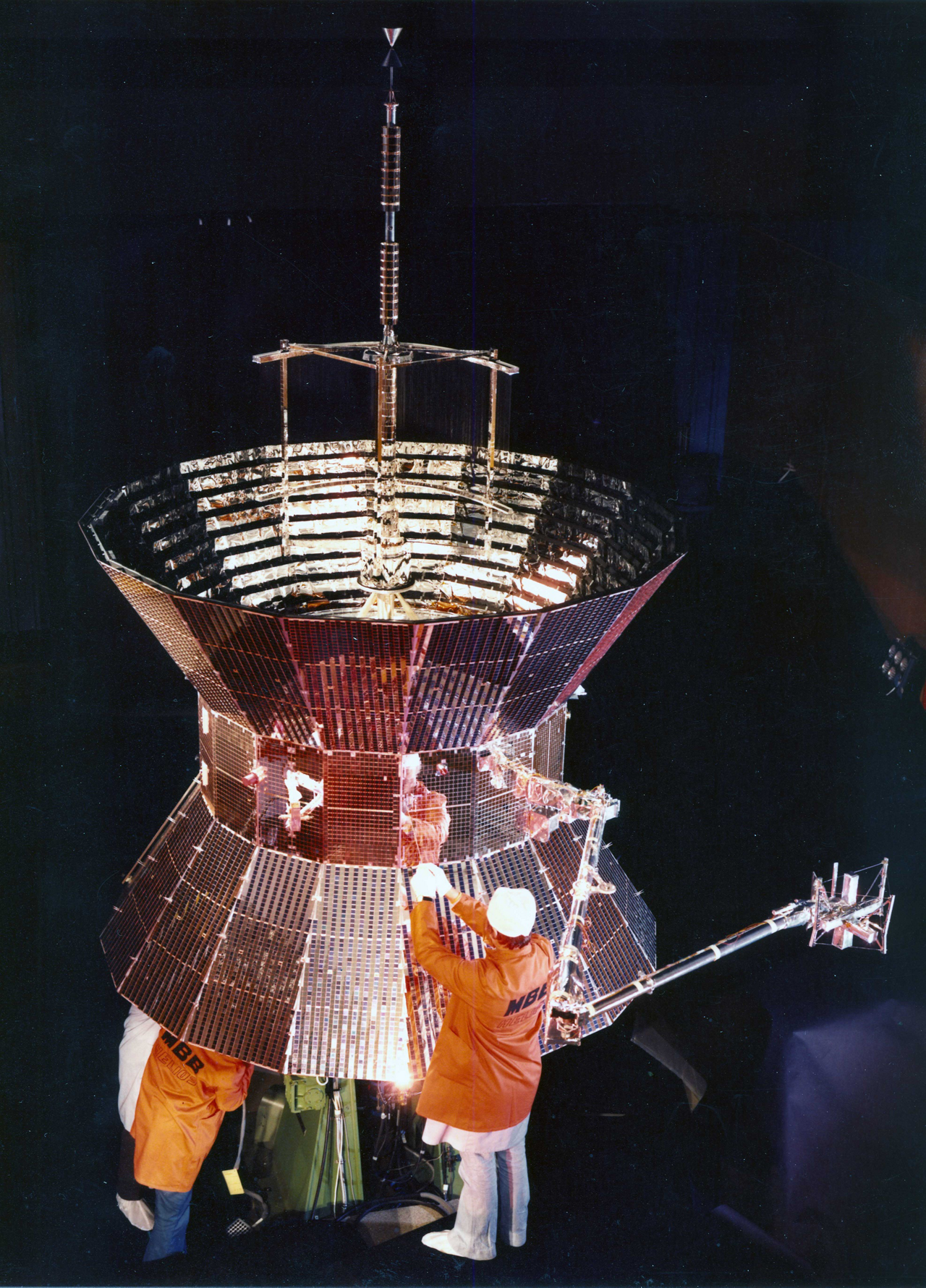 The Helios-A satellite, built by Airbus predecessor Messerschmitt-Bölkow-Blohm, is readied for launch.