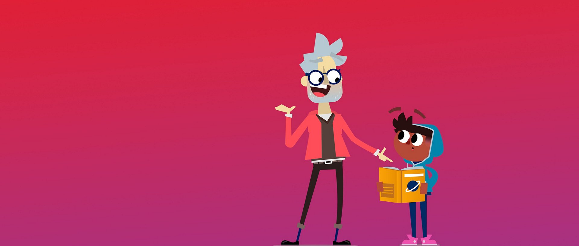 Cartoon characters of teacher talking to young boy holding a science book