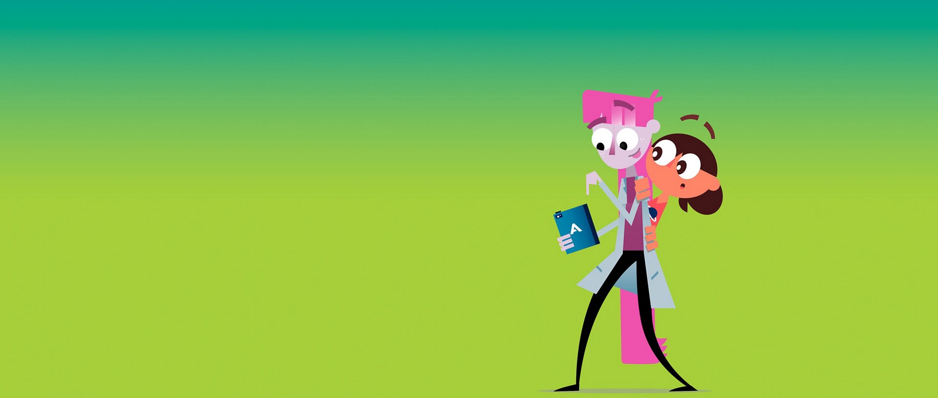 Cartoon characters of woman scientist and girl showing interest