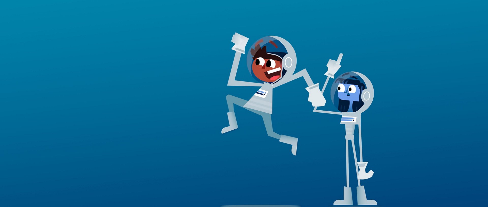 Cartoon characters of boy and girl in astronaut suits