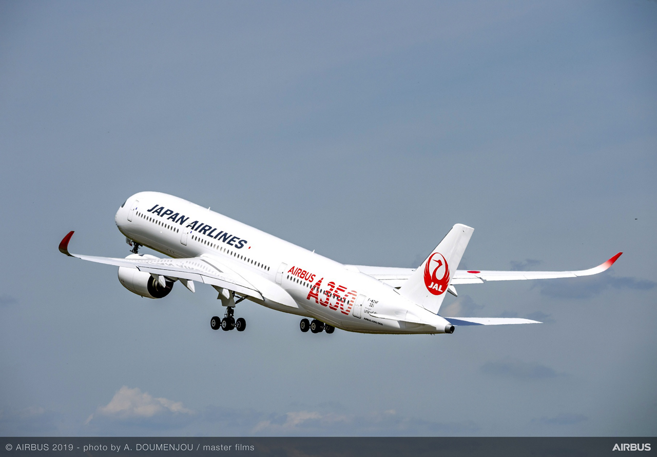Representation of an in-flight Airbus A350-1000 with Japan Airlines livery. 