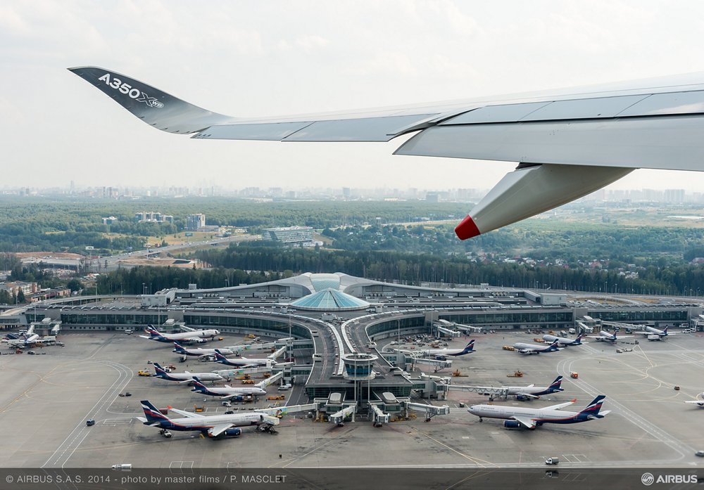 The view of an A350 XWB wing from inside the aircraft, taken over Moscow during the 2014 route proving world tour. 