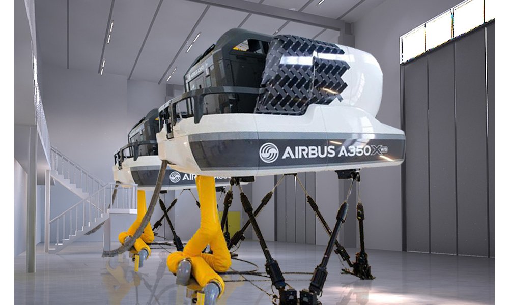 Two flight simulators, side-by-side at the Airbus Asia Training Centre (AATC) in Singapore. 