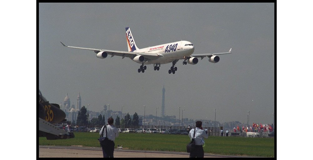 Airbus’ long-range, four-engine A340 commercial aircraft showcased its capabilities during the 1993 Paris Air Show’s flying display.   