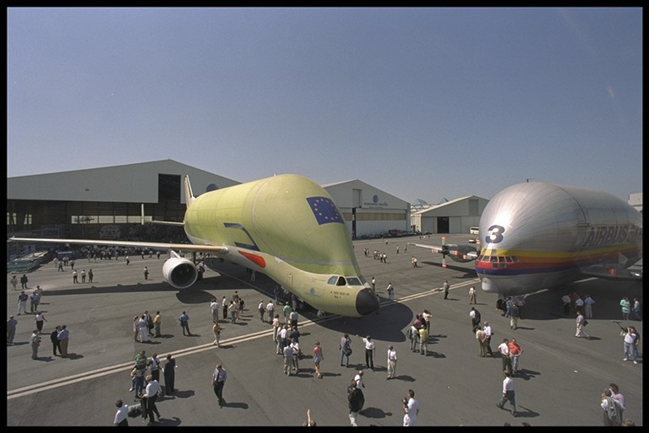 Airbus’ first A300-600ST transport aircraft, nicknamed the Beluga, rolls out from its assembly facility in 1994.