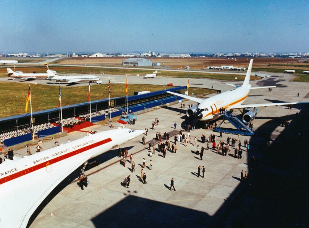 An A300B commercial aircraft is on display along with a Concorde supersonic jet.  