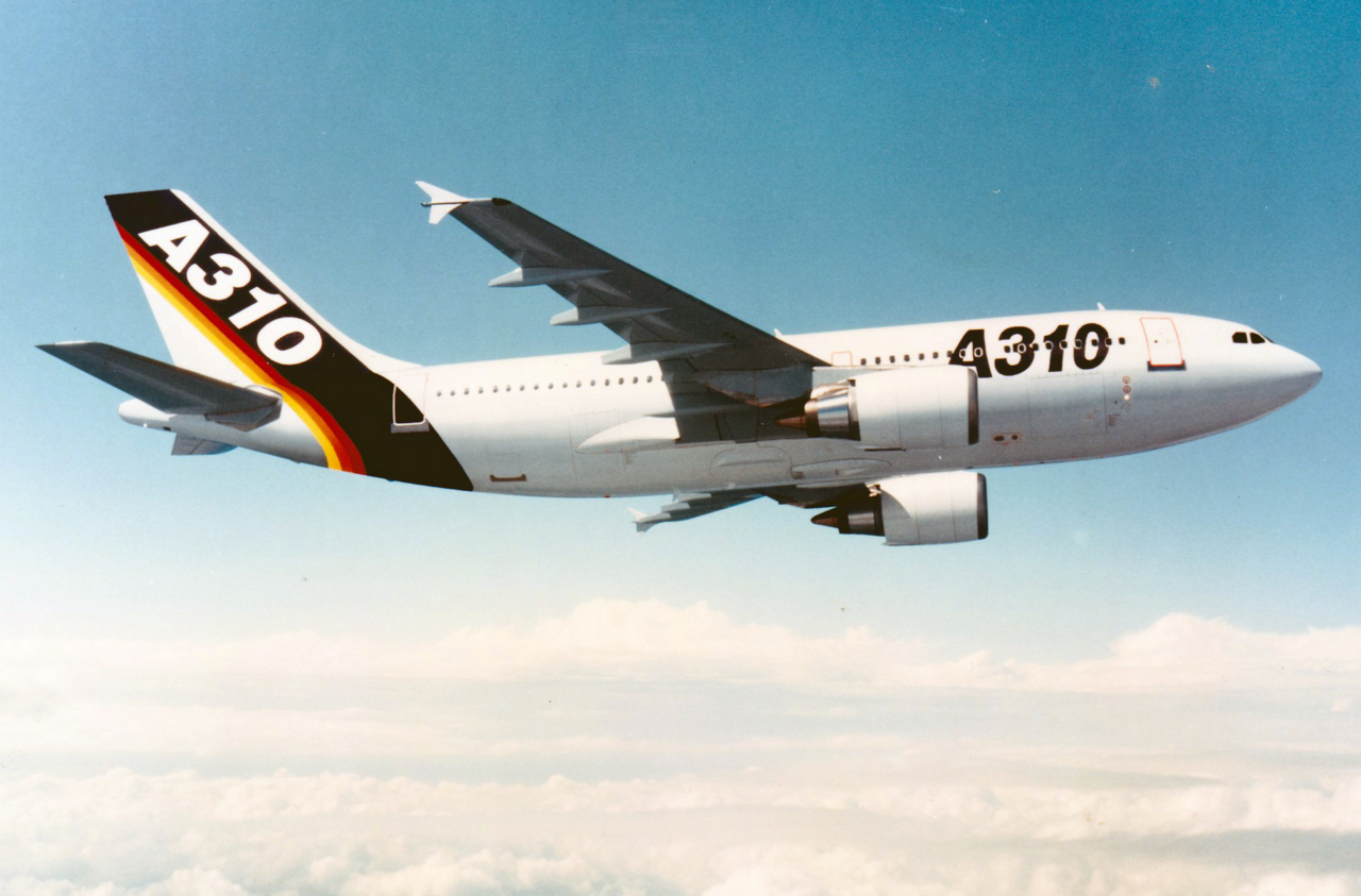 Side view of Airbus’ A310 aircraft during its 1982 maiden flight.  