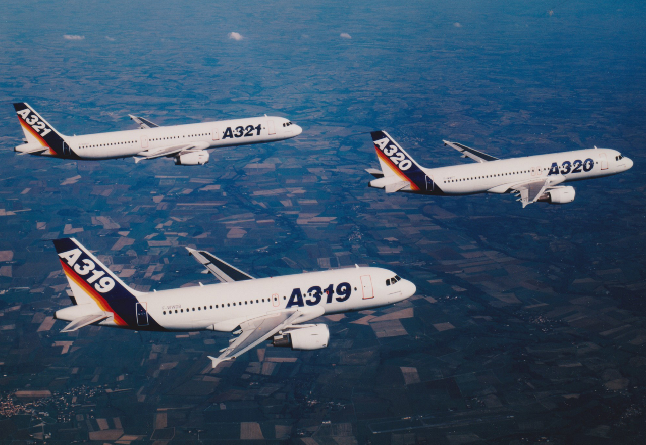 Airbus’ single-aisle A319, A320 and A321 aircraft fly in formation.  
