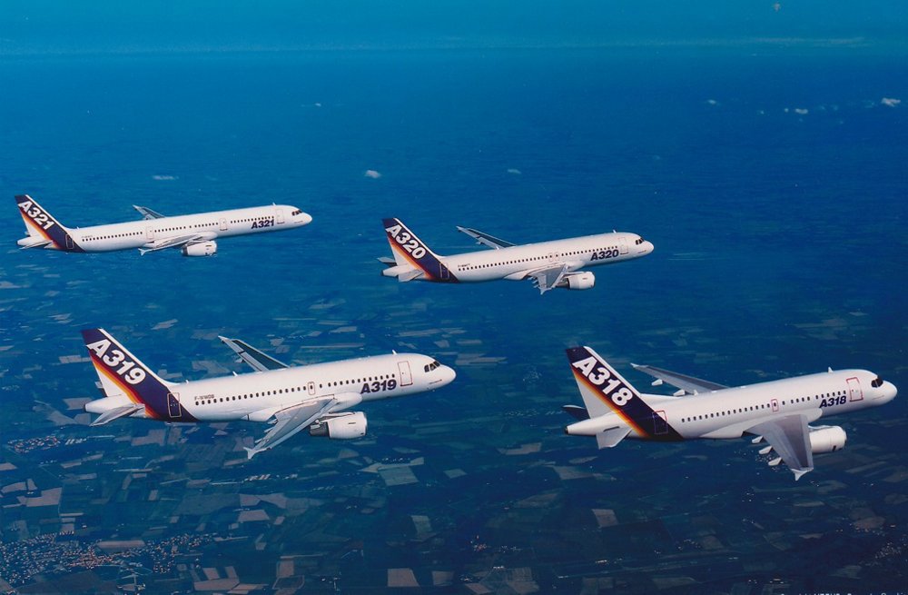 A formation flight with the four members of Airbus’ single-aisle A320 Family: the A318, A319, A320 and A321.  