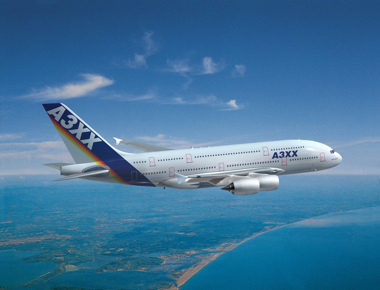An in-flight representation of Airbus’ A3XX aircraft, later designated the A380.
