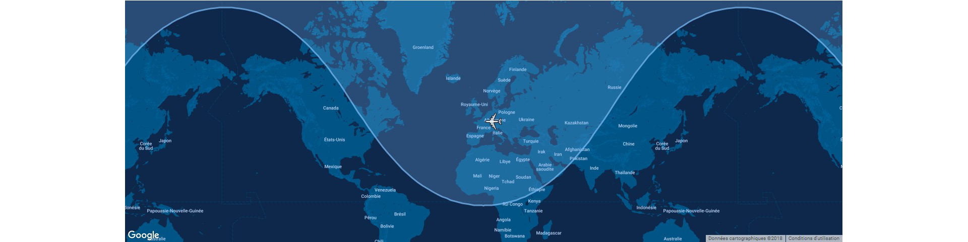 This diagram shows the typical range for Airbus’ A318 commercial aircraft overlaid on a global map.