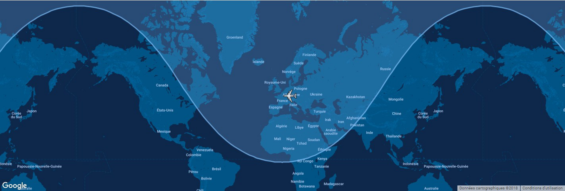 This diagram shows the typical range for Airbus’ A318 commercial aircraft overlaid on a global map.