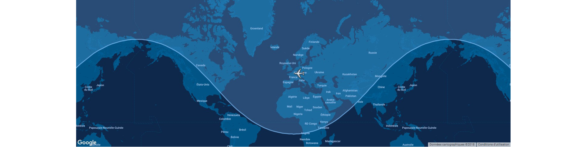 Overlaid on a global map, the typical range for Airbus’ A319ceo commercial aircraft is shown in this diagram. 
