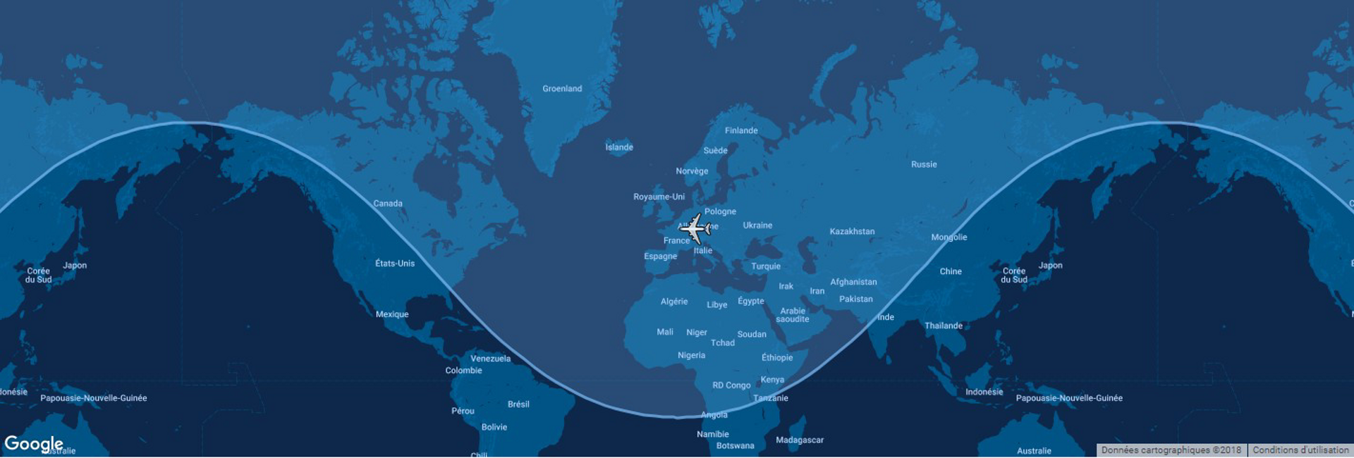 Overlaid on a global map, the typical range for Airbus’ A319ceo commercial aircraft is shown in this diagram.