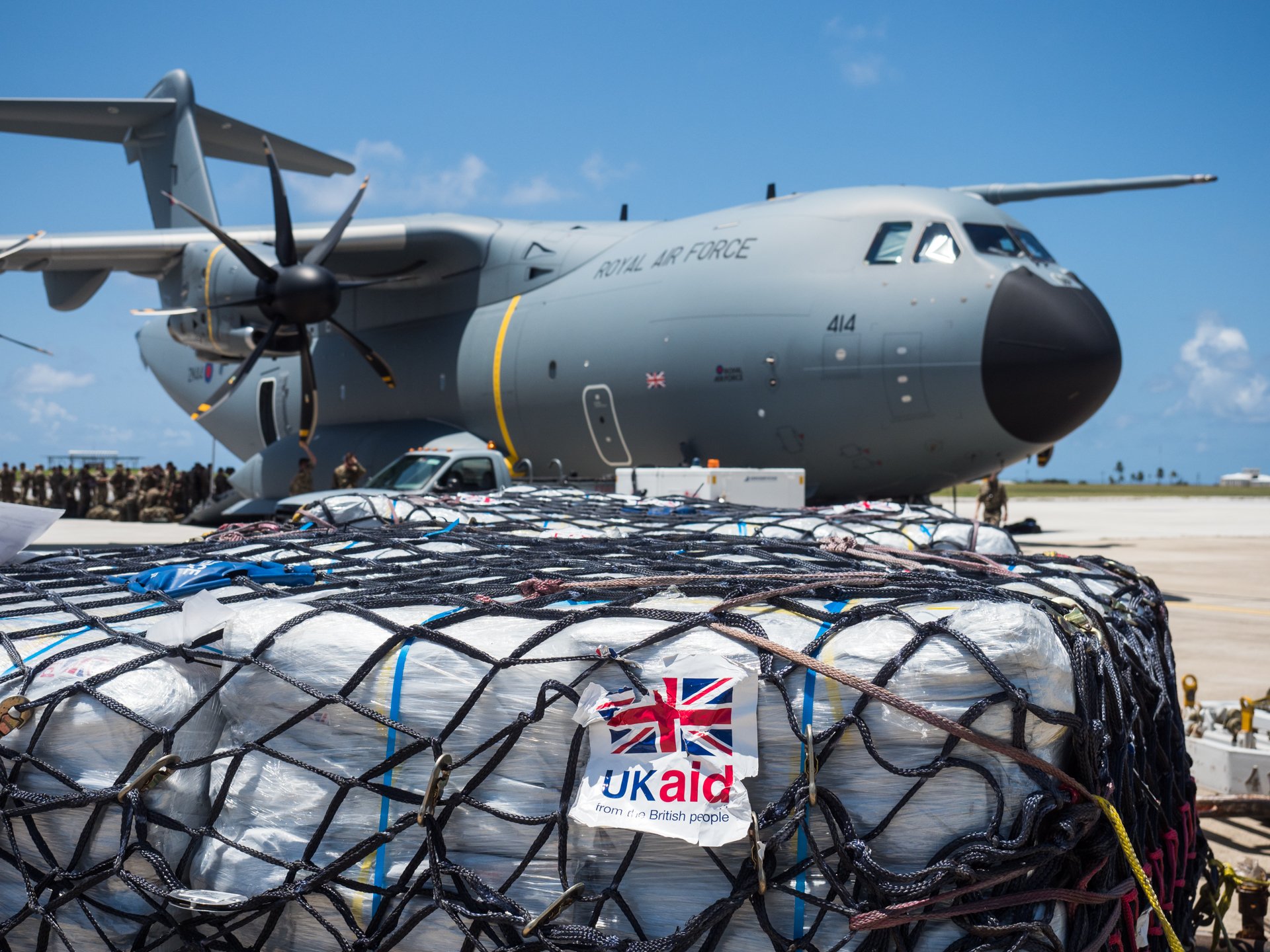 UK military passengers board an RAF A400M Atlas transport aircraft in Barbados on 9 September 2017, preparing to deliver UK aid to Caribbean islands stricken by Hurricane Irma.

Royal Air Force logisticians from RAF Brize Norton have assisted with the delivery of military personnel and aid cargo to the Caribbean to support disaster relief in the wake of Hurricane IRMA. RAF aircraft - including C-17, A400M and Voyager aircraft - are supporting a joint task force of RAF, Royal Marines, Army and Royal Navy personnel who are supporting the Department for International Development as it delivers aid to stricken Caribbean islands.