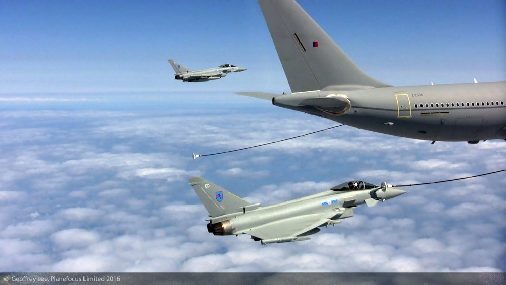 Two Eurofighter Typhoon aircraft are refuelled in flight by an Airbus A330 Multi Role Tanker Transport. 