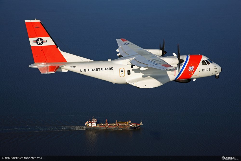 Side view of a U.S. Coast Guard Ocean Sentry, produced by Airbus based on its CN235 transport aircraft   
