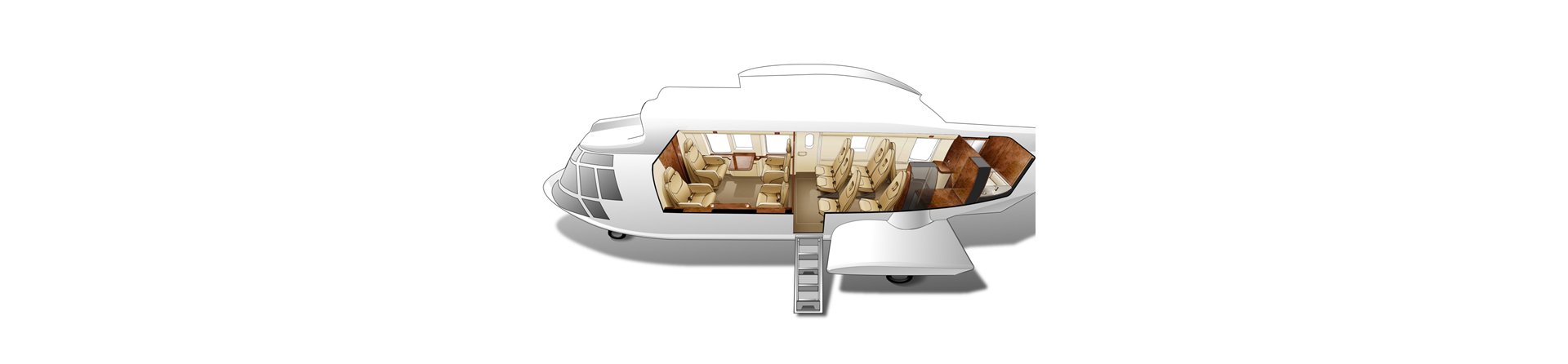 Diagram of an Airbus H225 helicopter cabin for VIP transportation, which can accommodate up to 11 passengers in excellent confort. 
