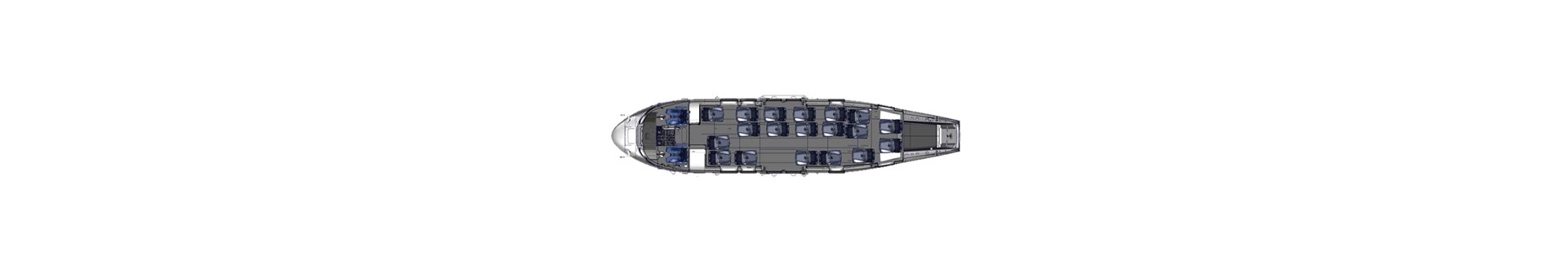 Diagram of an Airbus H225 helicopter cabin with 19 seats for passenger and offshore transport. 