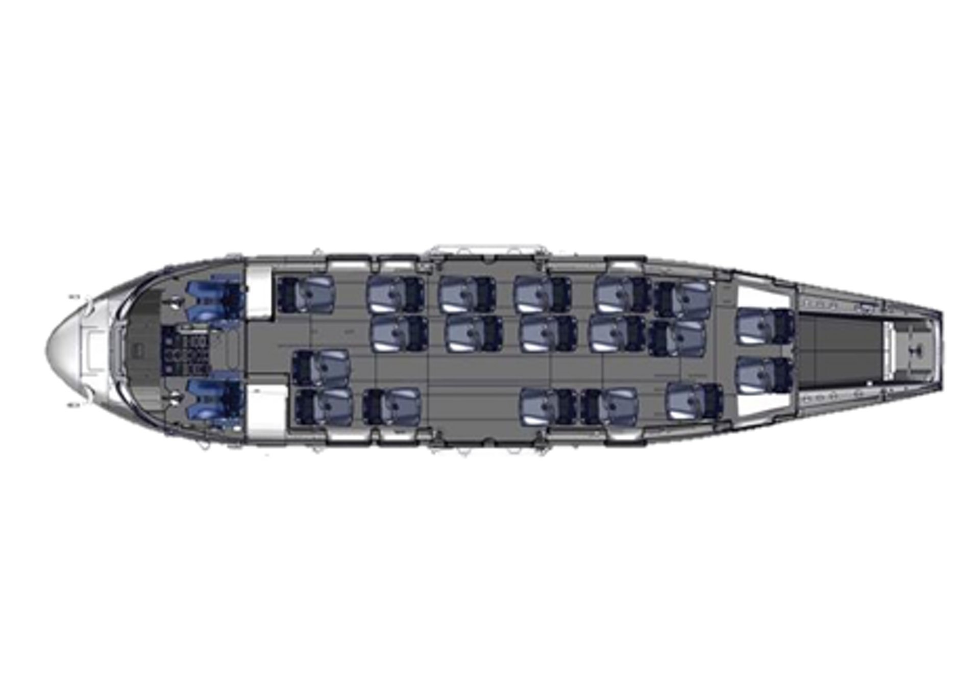 Diagram of an Airbus H225 helicopter cabin with 19 seats for passenger and offshore transport.