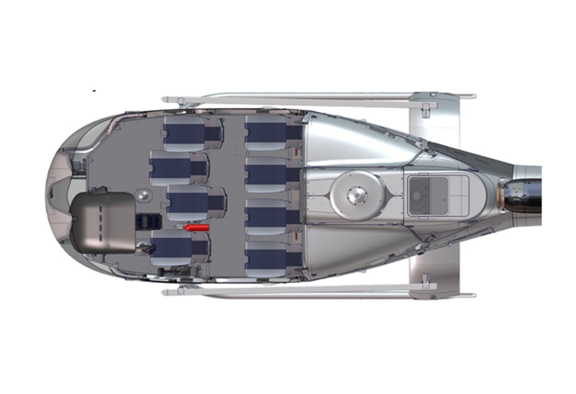 An Airbus H130 helicopter cabin configuration with seven seats for tourism flights