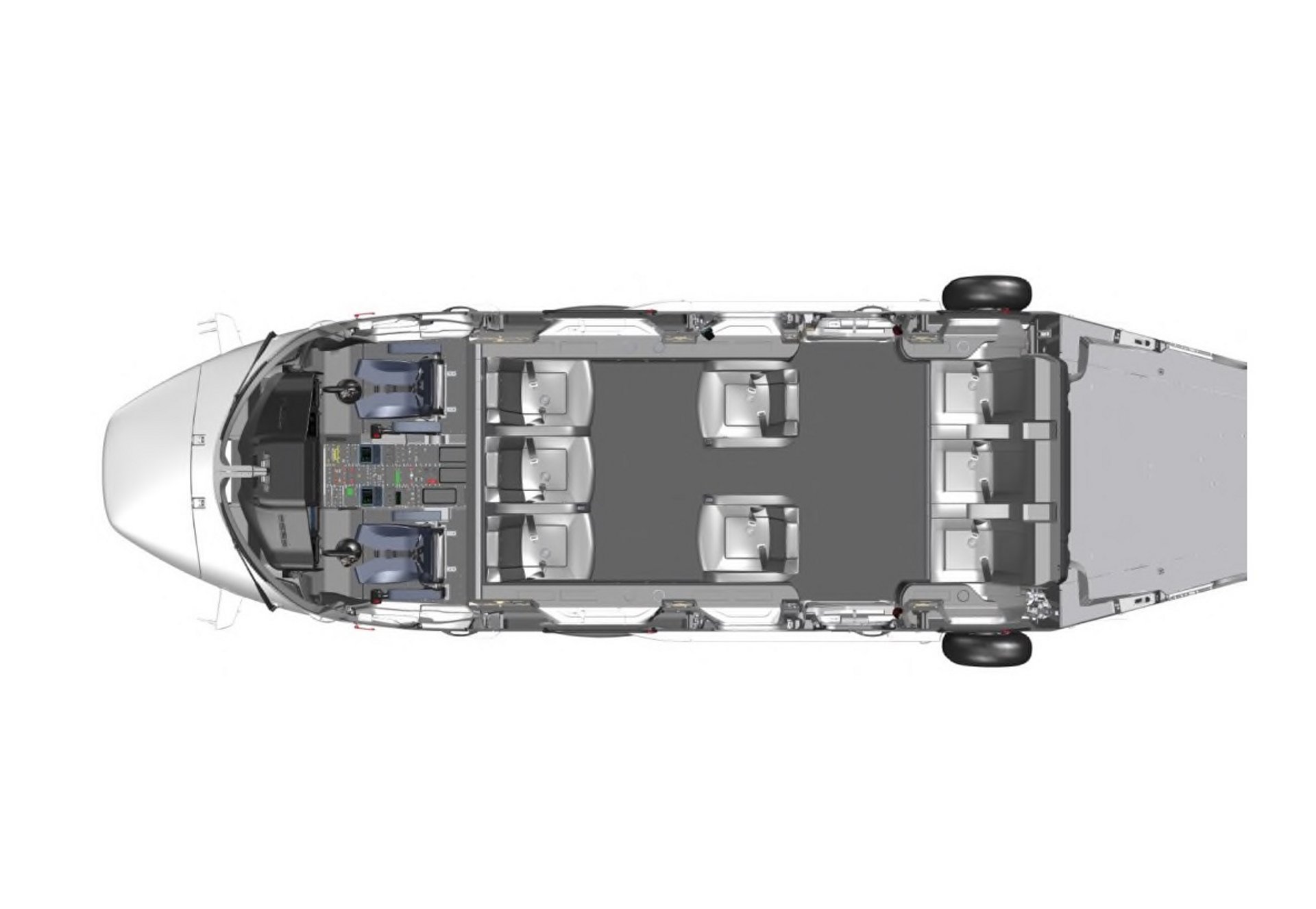 Diagram of an Airbus H175 helicopter cabin configured with 10 seats for private and business aviation.