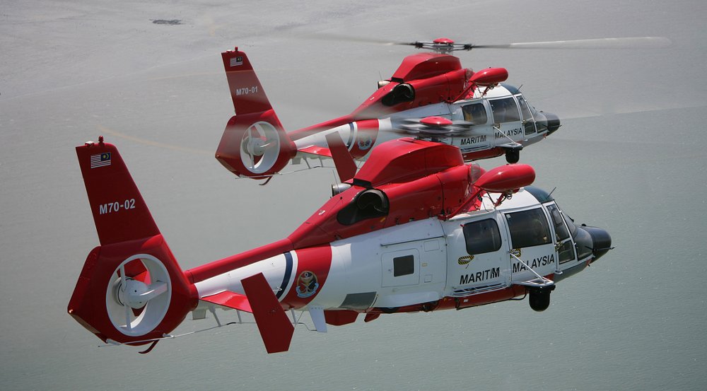 Two AS365 N3+ helicopters fly side-by-side in coast guard service 