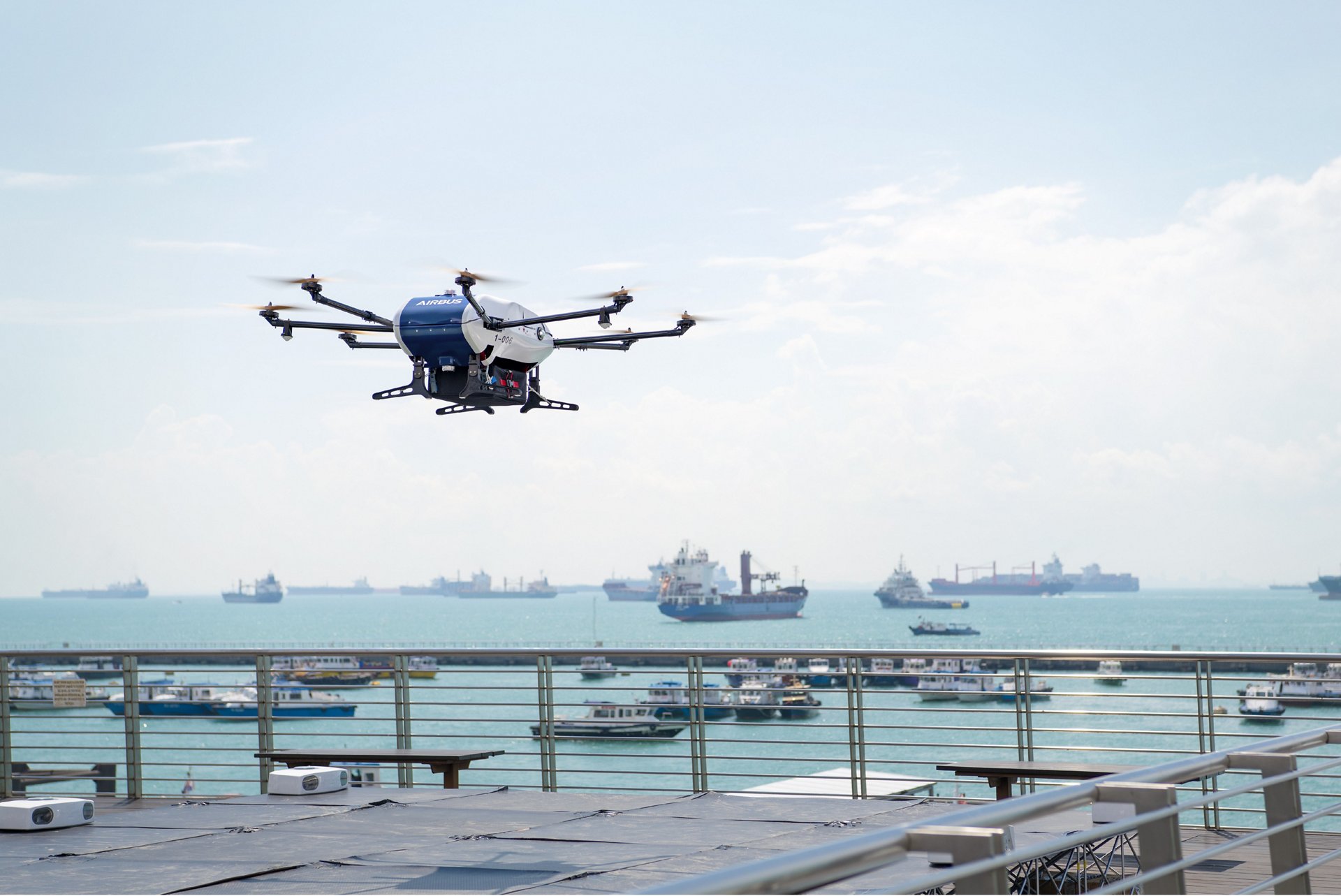Airbus’ Skyways parcel delivery drone is shown during shore-to-ship trials in Singapore.  