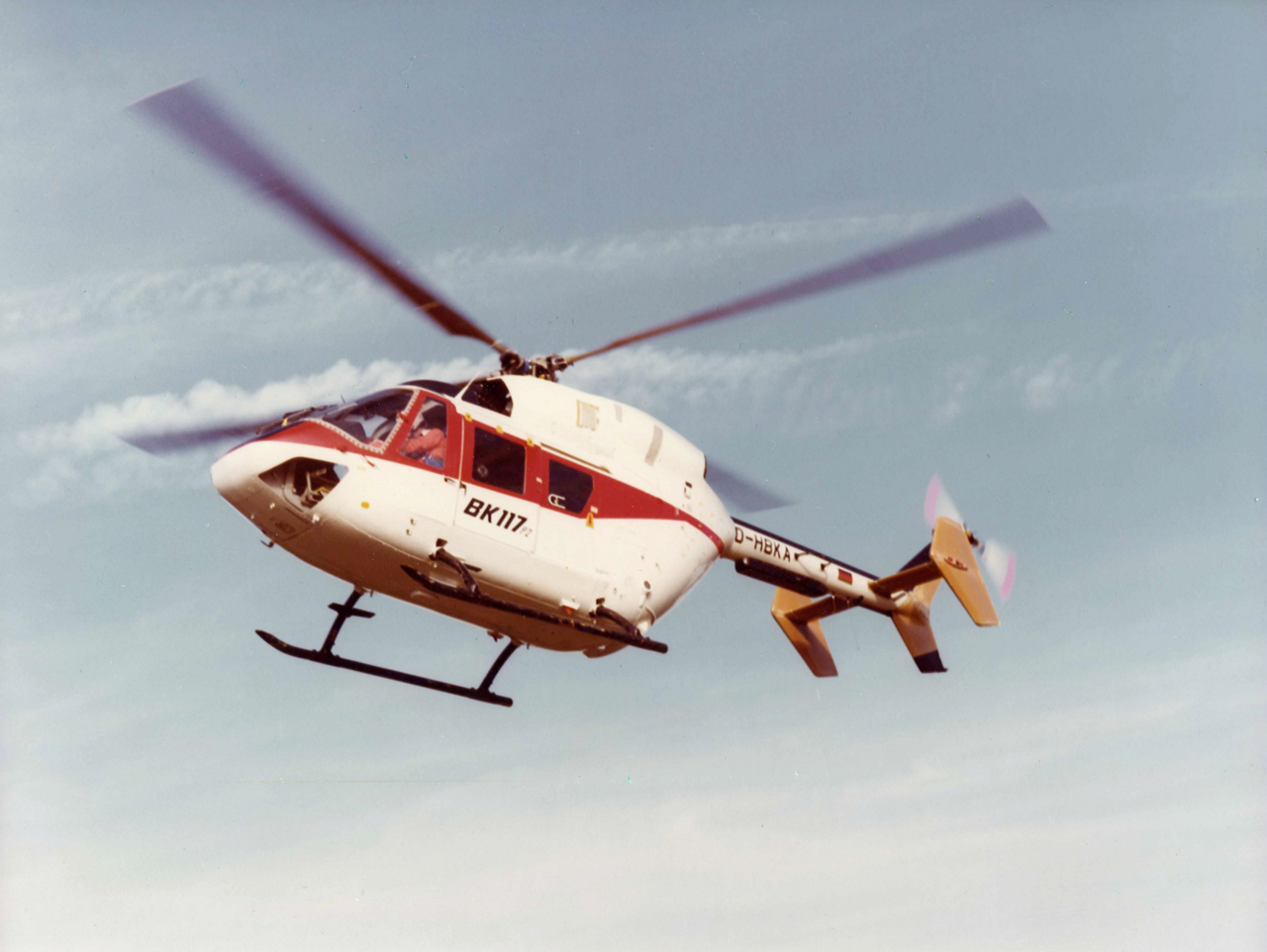 The BK117 helicopter, precursor to Airbus’ H145, takes to the skies during its first flight in 1979.  