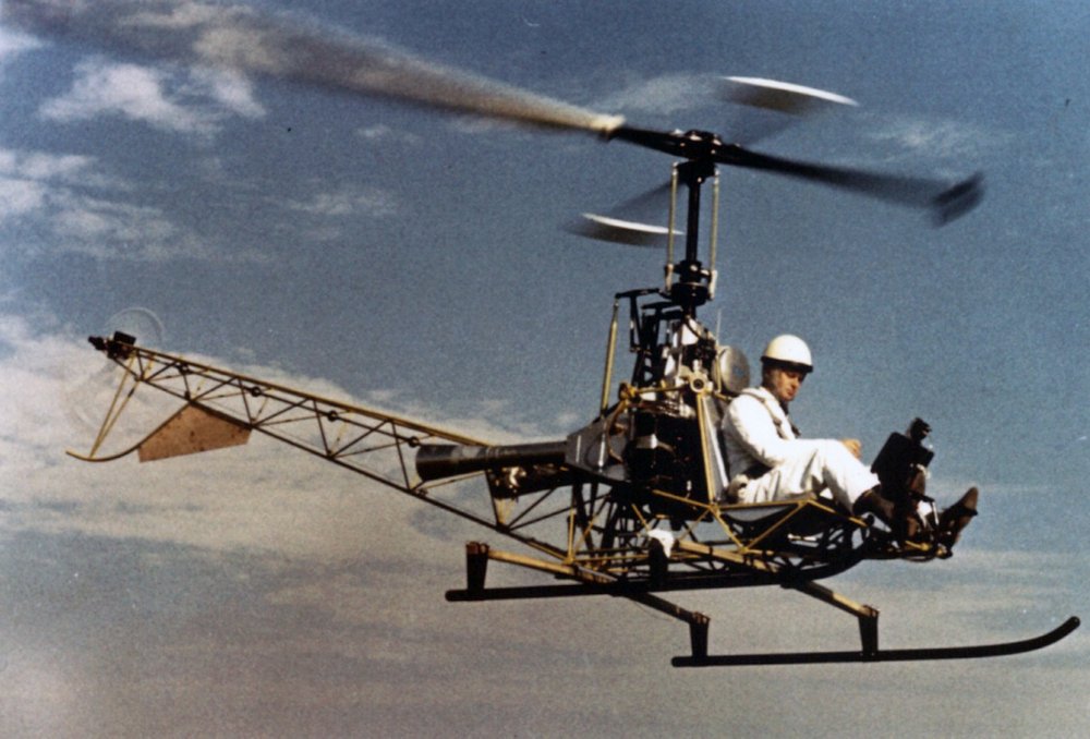 The Bo103 experimental helicopter is shown in flight.  