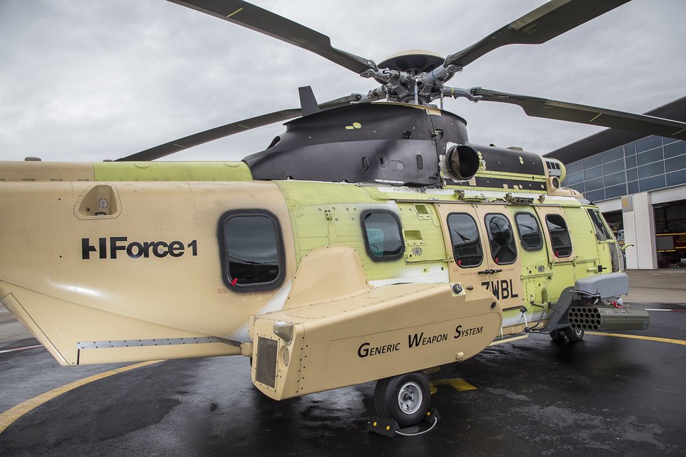 An on-ground H225M military rotorcraft that Airbus Helicopters used for the first HForce onboard weapon system firing tests. 