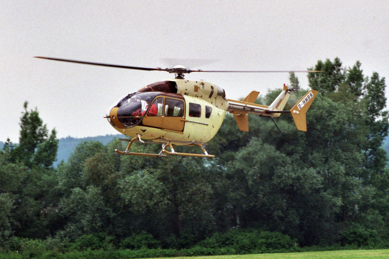 Airbus’ EC145 (later re-designated the H145) is shown during its maiden flight in 1999.
