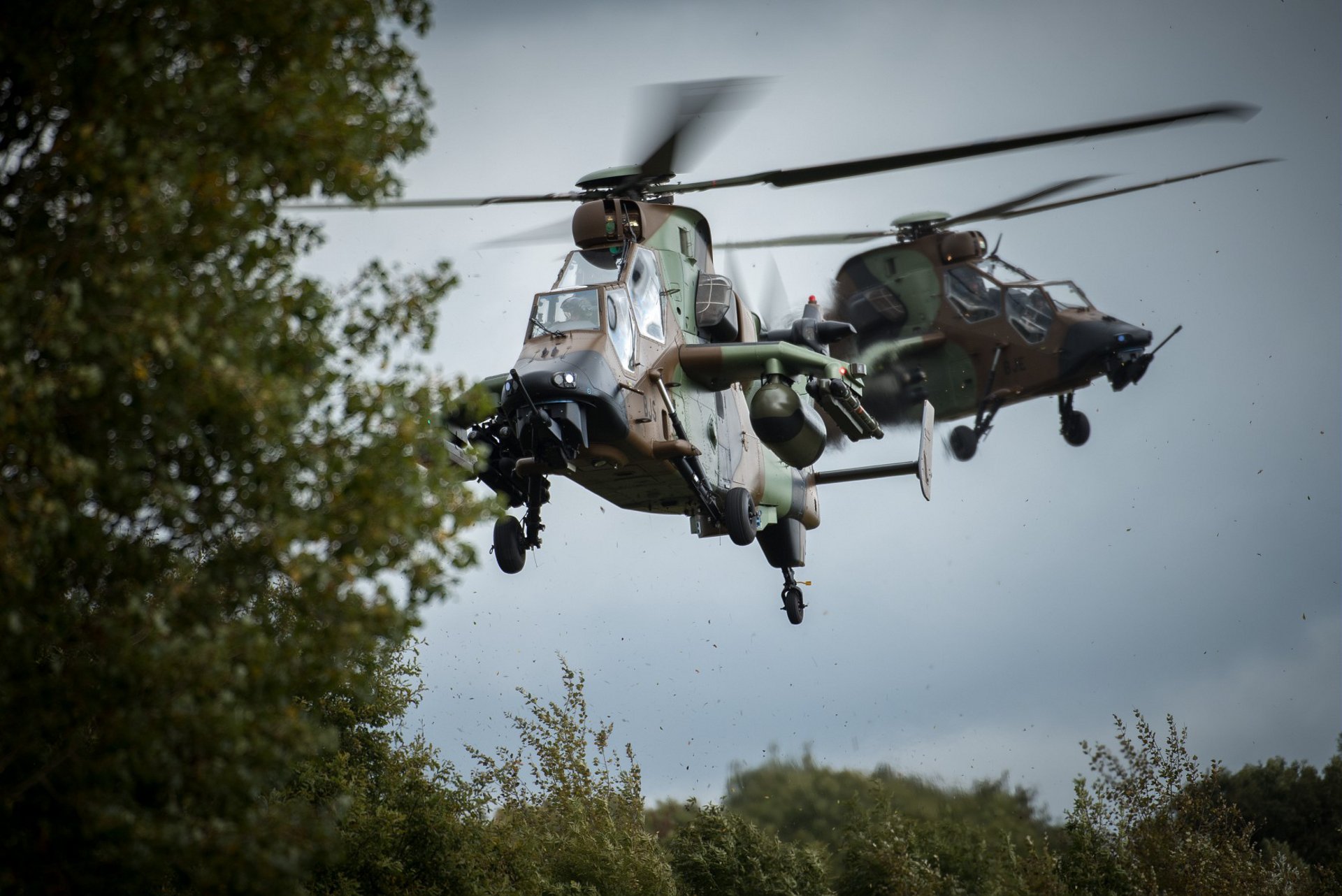 A view of two in-flight Tiger HAD military helicopters.