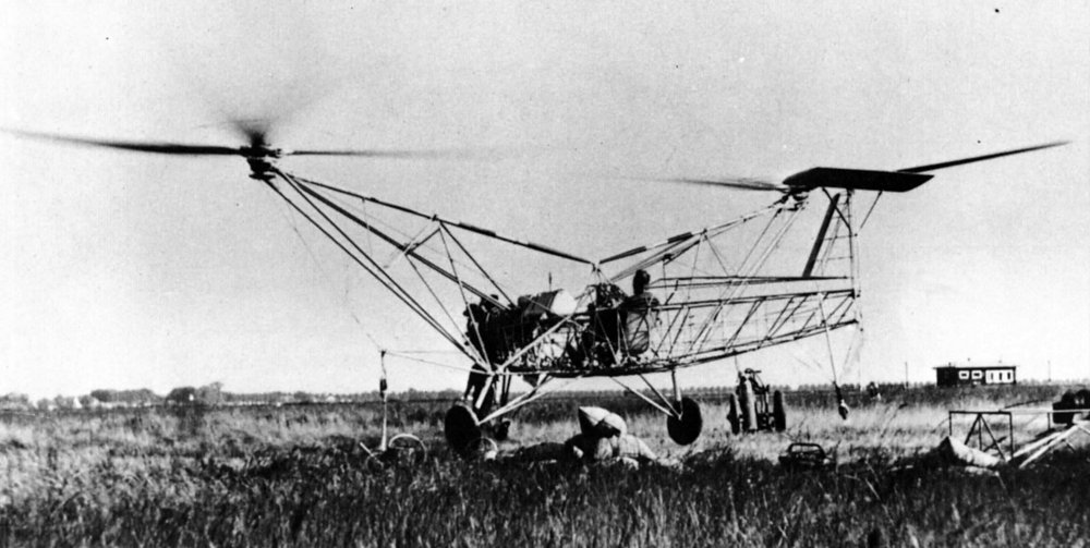 The Focke 61 aircraft undergoes ground testing in 1936.  