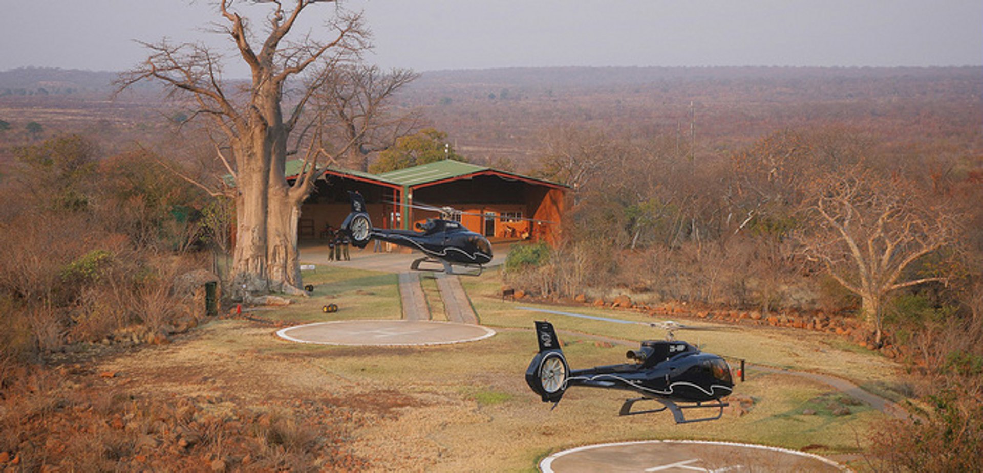 Two Airbus H130 helicopters land in unison on a pair of rural helipads.