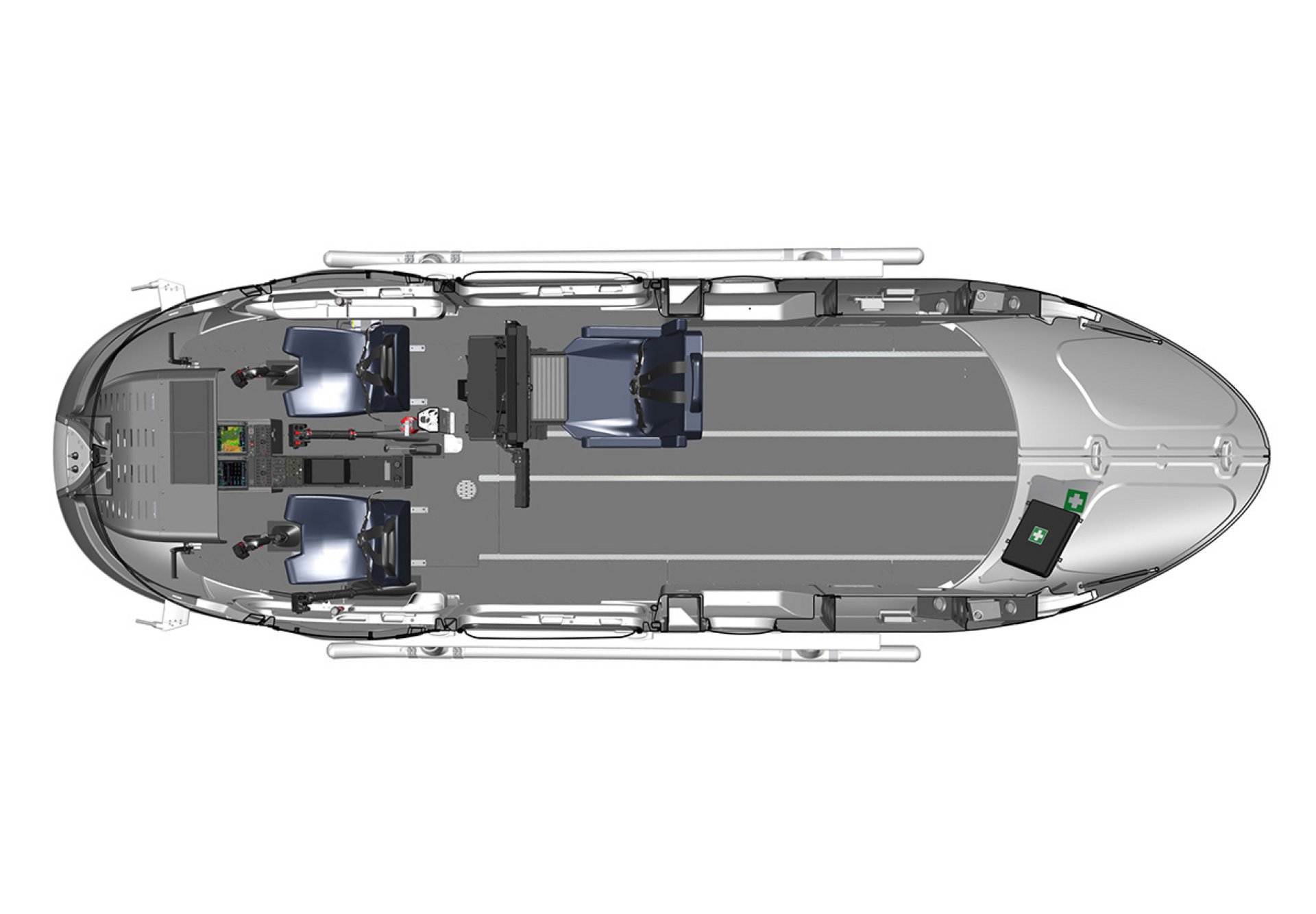 Diagram of an Airbus H135 helicopter cabin configuration for police surveillance missions
