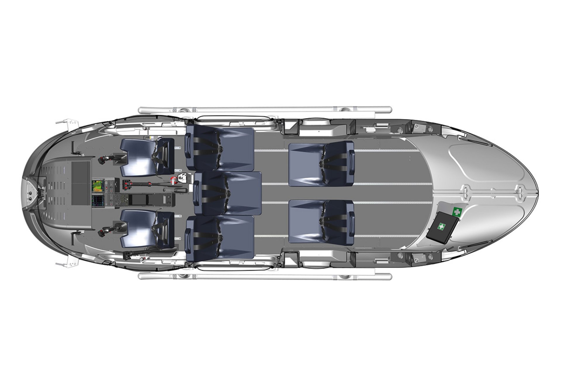 Diagram of an Airbus H135 helicopter cabin configuration with five seats for passenger transport