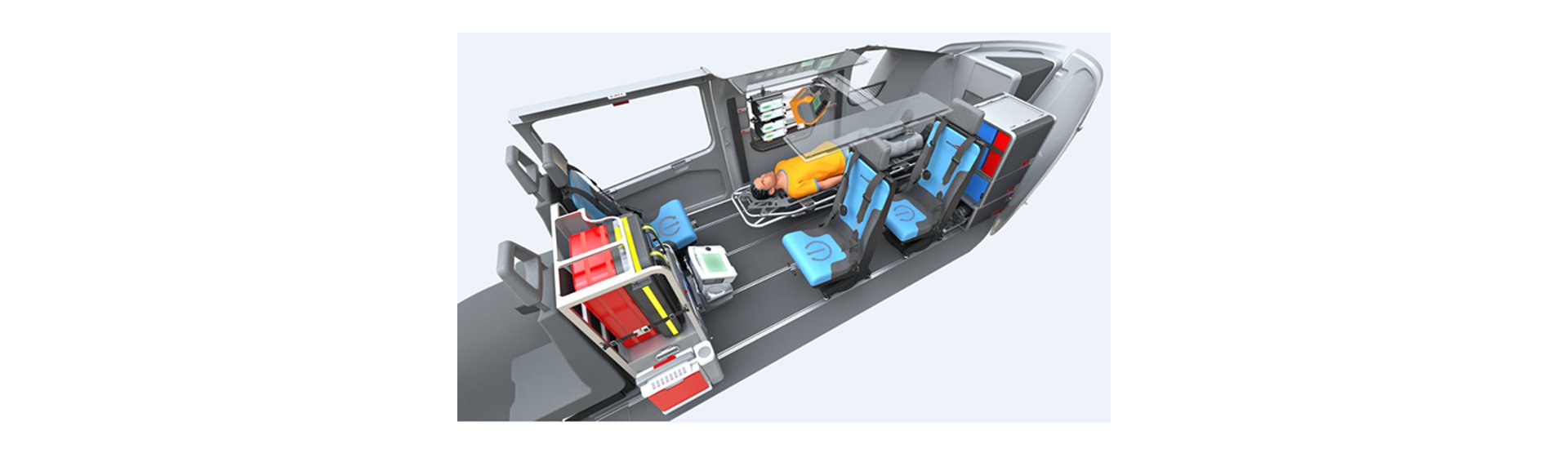 Diagram of an Airbus H145 helicopter cabin configuration for helicopter emergency medical services (HEMS)