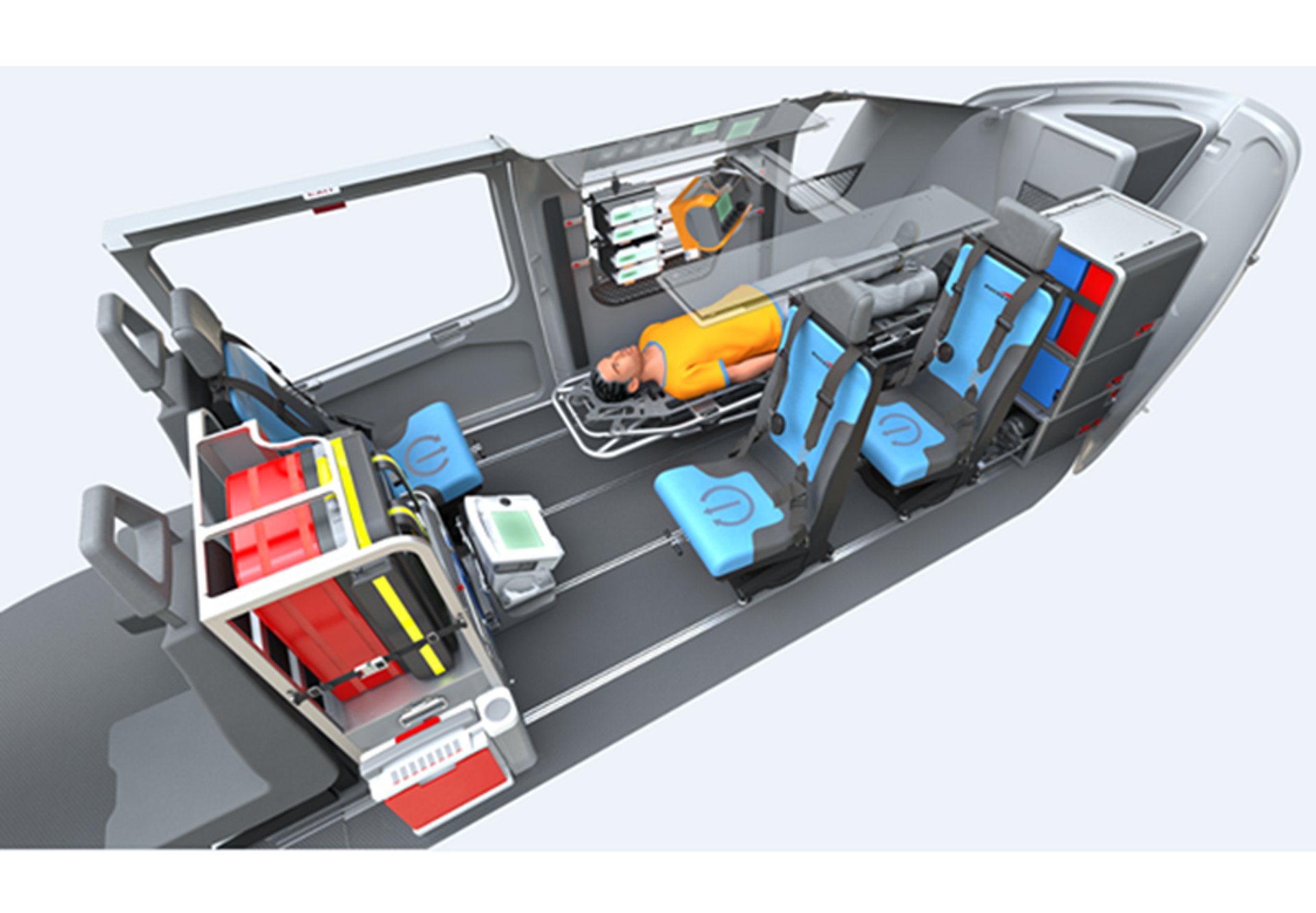 Diagram of an Airbus H145 helicopter cabin configuration for helicopter emergency medical services (HEMS)