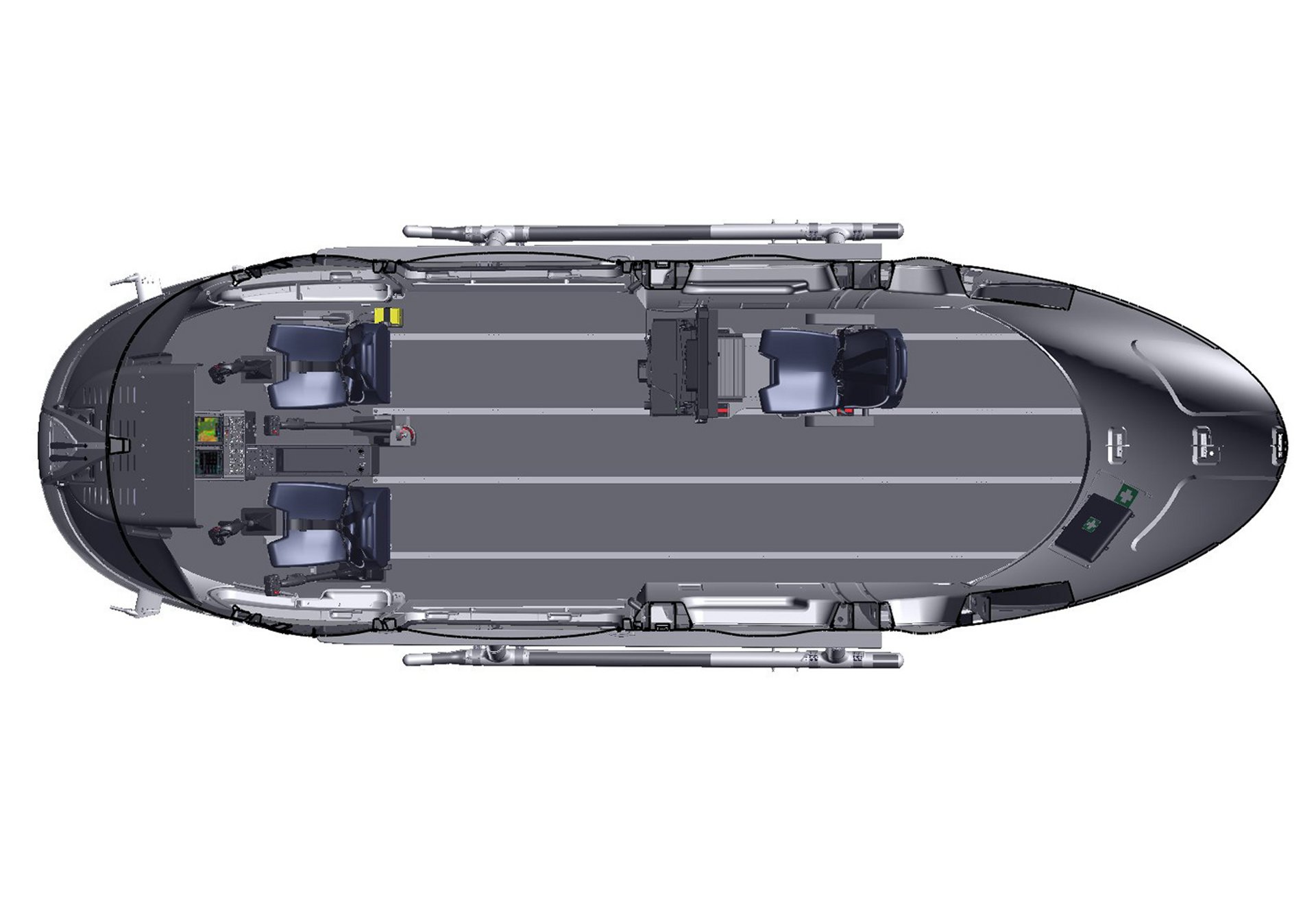 Diagram of an Airbus H145 helicopter cabin configuration for law enforcement operations and/or special forces transport