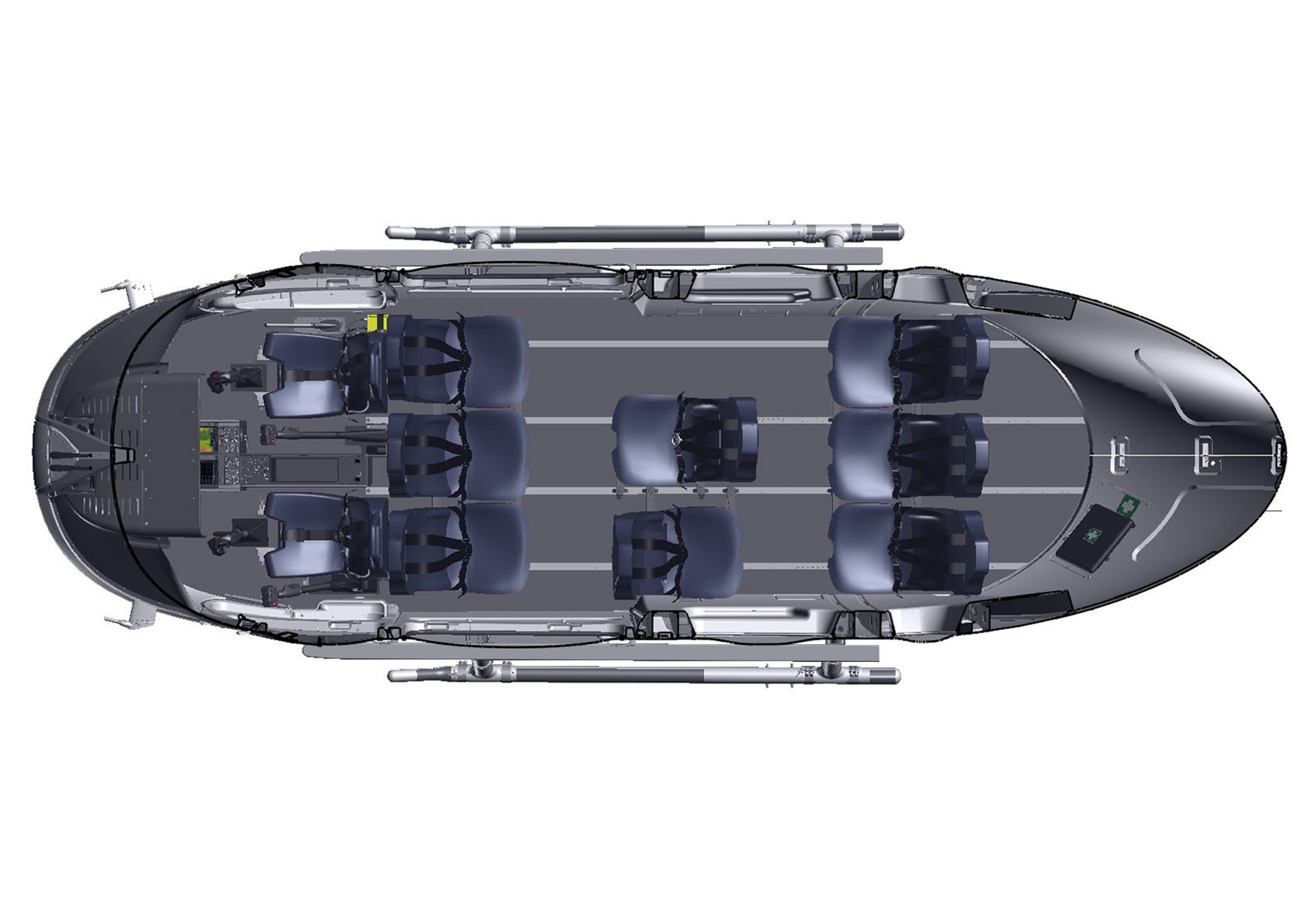 Diagram of an Airbus H145 helicopter cabin configuration with eight seats for passenger transport