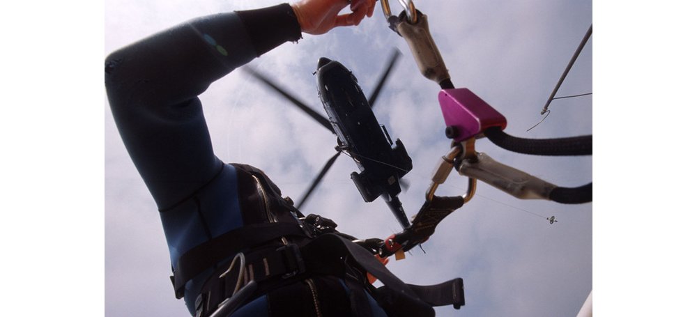 An Airbus H215 helicopter takes part in a utility mission, from a worker’s perspective.  