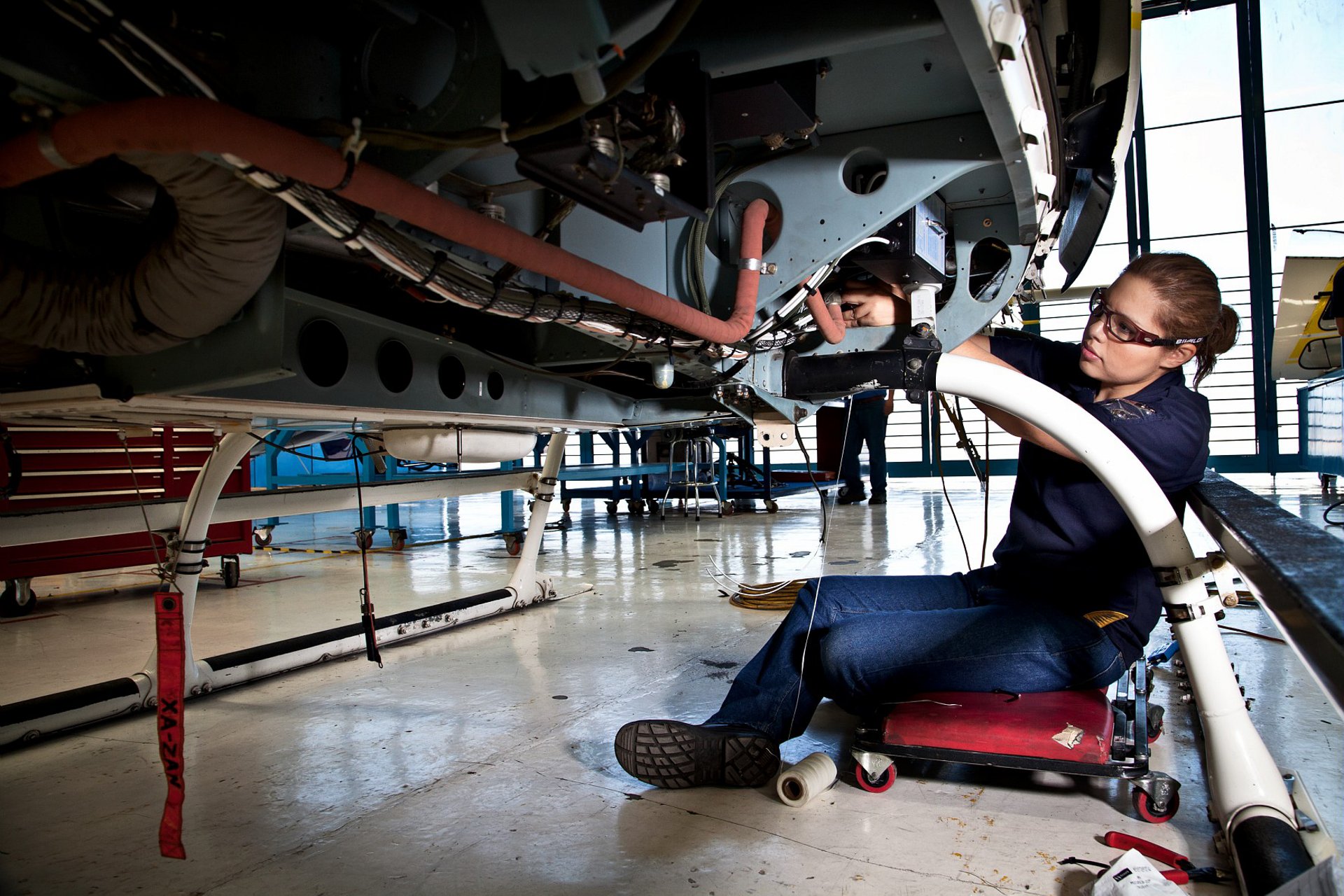 Maintenance is performed on a helicopter at Airbus Helicopters de Mexico.