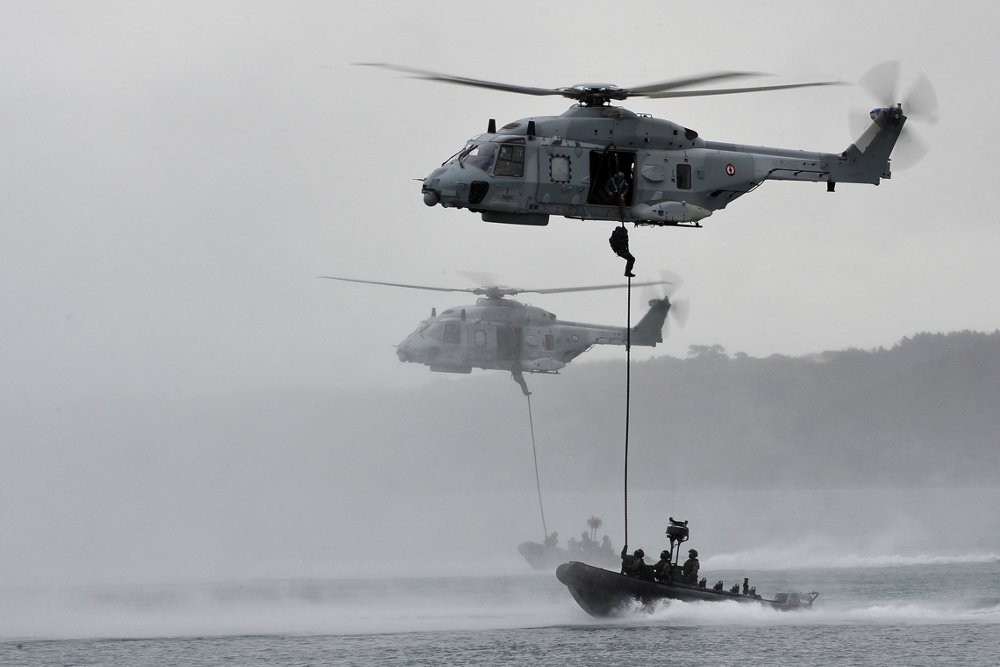 Two NFH (NATO frigate helicopter) versions of the NH90 operate in a maritime environment. 