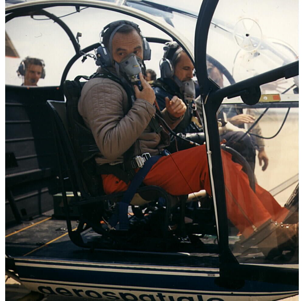 French aviator Jean Boulet prepares for a high-altitude flight in an SA315 Lama helicopter.  